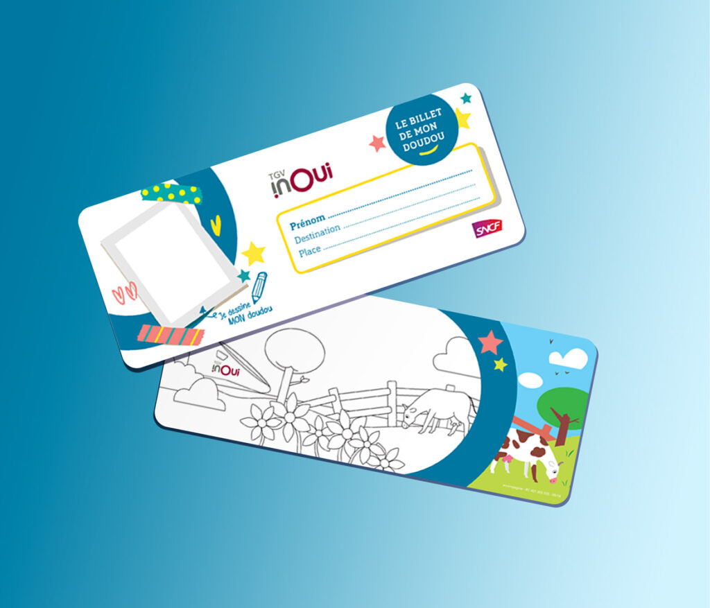 Distribution dans les TGV INOUI, du billet ''doudou'' à colorier.